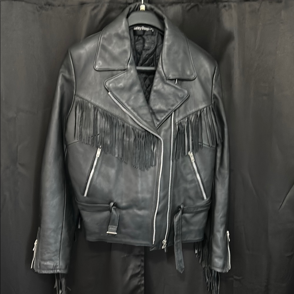 Harley-Davidson Black Leather Fringe Motorcycle Jacket NWOT Heavy quilted lining